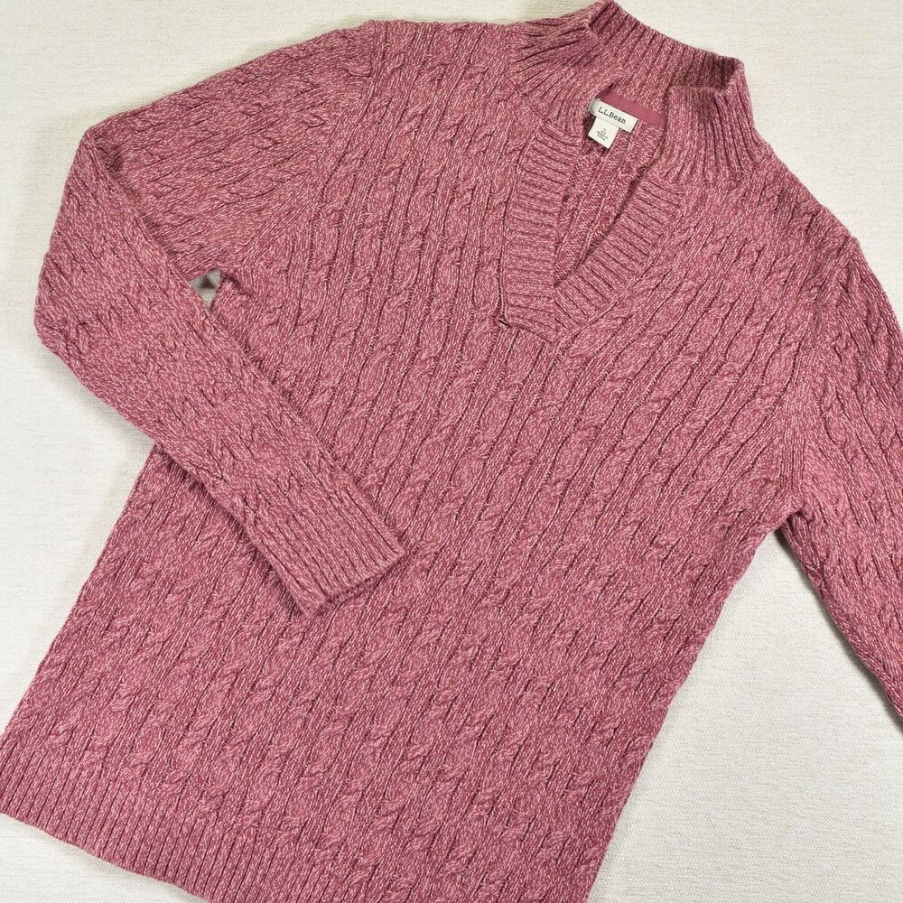 LL Bean Signature V Neck Pullover Cable Knit Sweater Womens S Dusty Rose Pink